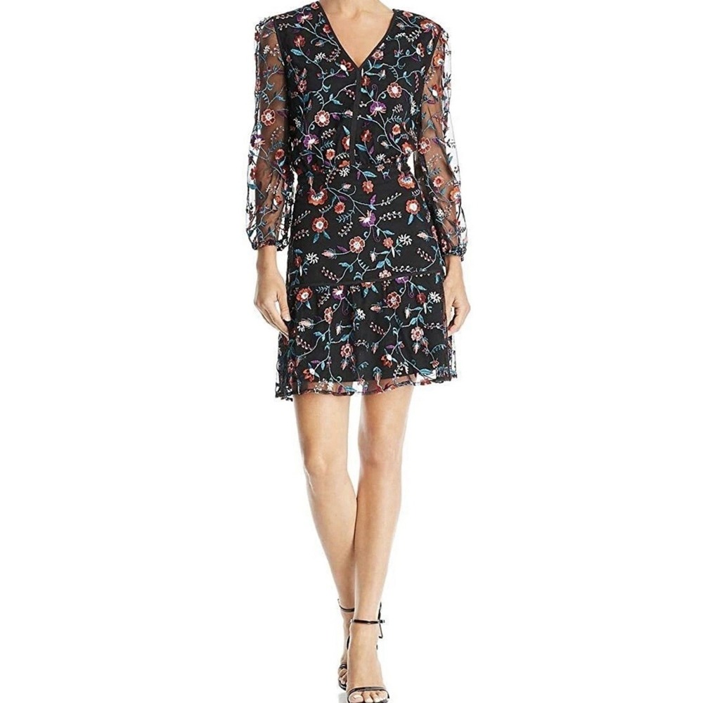 Sam Edelman Red Pansy Floral Embroidered Mesh Blouson Dress Size 6